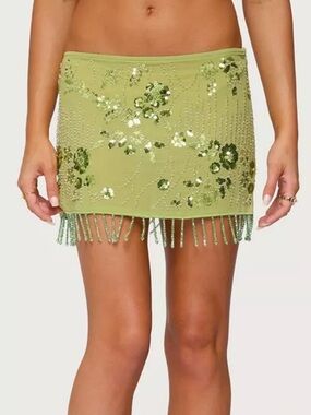 NWT Zara Larsaon Style Beaded Sequin Fringe Mini Skirt - Green